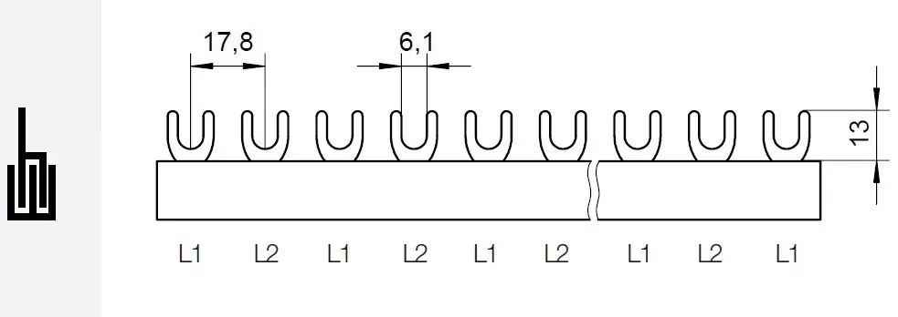 ELKUTEC G-2L-210/10 Propojovací lišta, vidlička, 2pól., 63A, rozteč 17,8mm Výhodná Nabídka