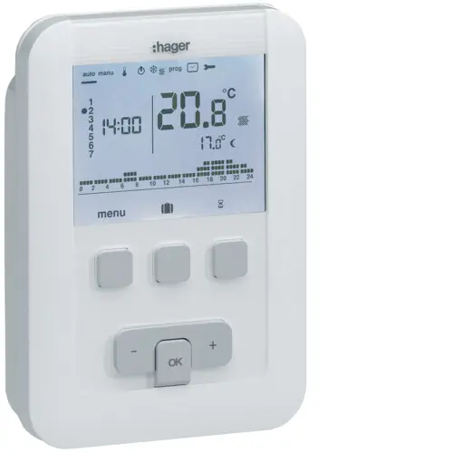 HAGER EK530 Digitální termostat týdenní Comfort, napájení 230V, 1P 5A, nástěnný Celosvětová Doprava