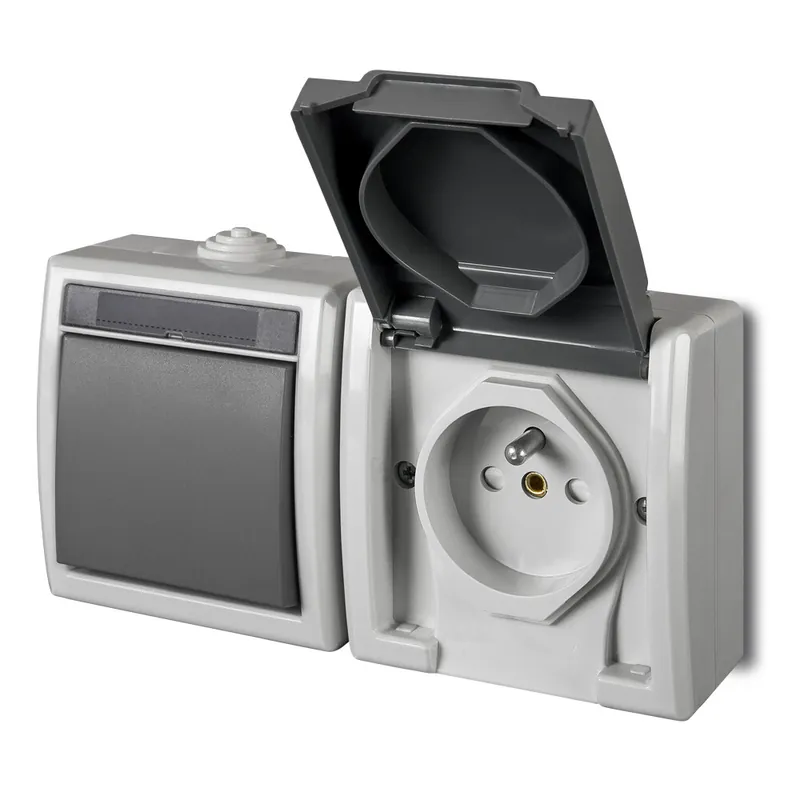 FAMATEL 19090 ATLAS IP55 Přepínač č.6+zásuvka vodorovně s ochr. kolíkem, šedý Pouze Dnes