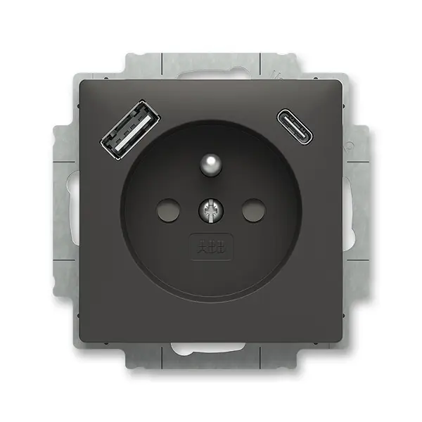 Celosvětová Doprava ABB 5569T-A32357 237 ZONI Zásuvka 1násobná s kolíkem, s clonkami, s nabíjením USB-A, USB-C; matná černá