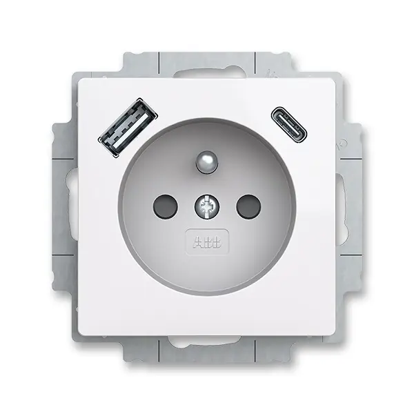 Tovární Cena ABB 5569T-A32357 500 ZONI Zásuvka 1násobná s kolíkem, s clonkami, s nabíjením USB-A, USB-C; bílá