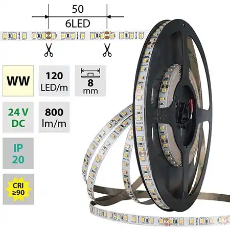 McLED ML-126.840.60.0 LED pásek SMD2835 WW, 120LED/m, 9,6W/m, DC 24V, 800lm/m, CRI90, IP20, 8mm Hit Sezóny