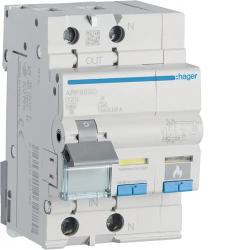 HAGER ARF925D Oblouková ochrana s kombi. chráničem 1+N, 30 mA, typ A, 25A, char.B, 6 kA, QC Koupit Online
