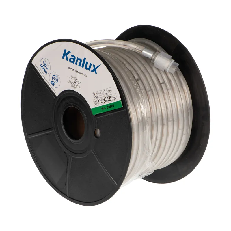 Objednat Nyní KANLUX 38586 GIVRO LED 50M-GR Světelný had LED 1m = 29lm 1m=2W 210V/DC UV stabilní IP65 zelená (bal=50m)