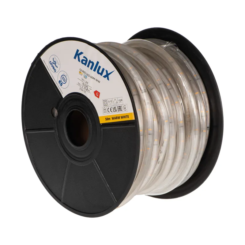 Cenový Hit KANLUX 38574 GIVRO LED 50M-WW Světelný had LED 1m = 110lm 1m=2W 210V/DC UV stabilní IP65 teplá bílá (bal=50m)