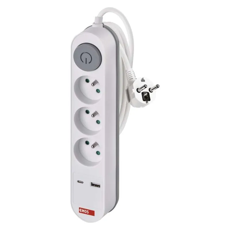Must-Have EMOS P1312PD Prodlužovací 3 zásuvky, s vypínačem, 1×USB-A + 1×USB-C / 1,5 mm2 FAST CHARGING, kabel 2m, bílá