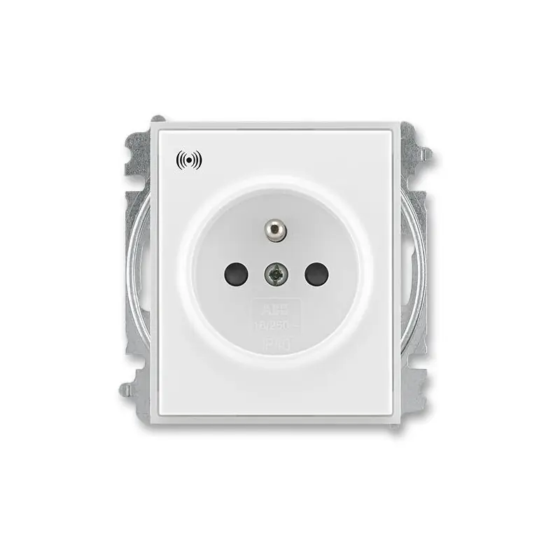 ABB 6689E-A06357 01, ELEMENT Zásuvka s přepěťovou ochranou, s clonkami, s akustickou signalizací poruchy (typ 6619); bílá / ledová bílá Akce