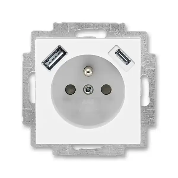 Časově Omezené ABB 5569H-A32357 01 LEVIT Zásuvka 1násobná s kolíkem, s clonkami, s nabíjením USB-A, USB-C; bílá/ledová bílá