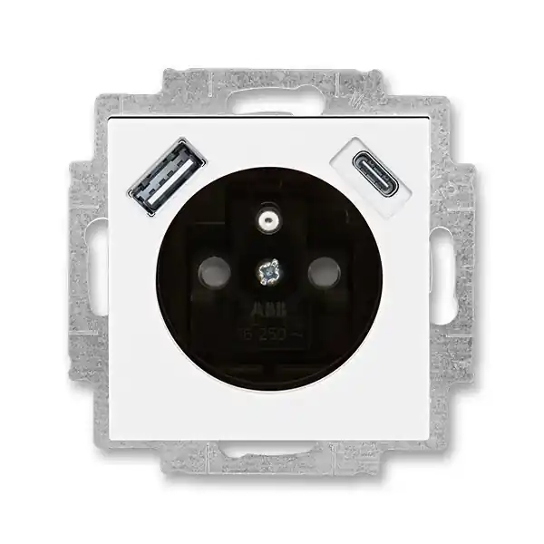 ABB 5569H-A32357 62 LEVIT Zásuvka 1násobná s kolíkem, s clonkami, s nabíjením USB-A, USB-C; bílá/kouřová černá Expresní Doručení