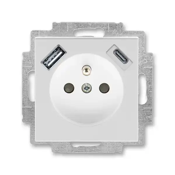 Expresní Doručení ABB 5569H-A32357 16 LEVIT Zásuvka 1násobná s kolíkem, s clonkami, s nabíjením USB-A, USB-C; šedá/bílá