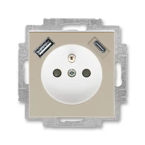 ABB 5569H-A32357 18 LEVIT Zásuvka 1násobná s kolíkem, s clonkami, s nabíjením USB-A, USB-C; macchiato/bílá Nová Kolekce