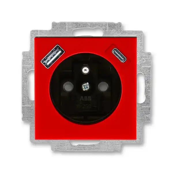 ABB 5569H-A32357 65 LEVIT Zásuvka 1násobná s kolíkem, s clonkami, s nabíjením USB-A, USB-C; červená/kouř. černá Ihned K Objednání