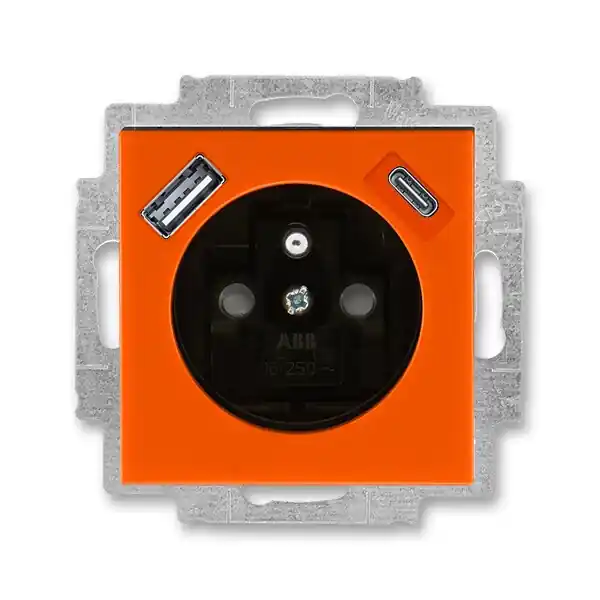 Nejlepší Volba ABB 5569H-A32357 66 LEVIT Zásuvka 1násobná s kolíkem, s clonkami, s nabíjením USB-A, USB-C; oranžová/kouř. černá