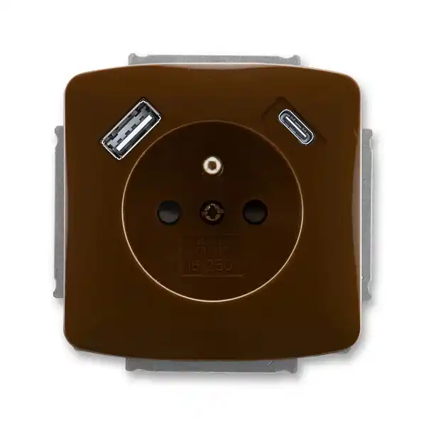 ABB 5569A-A32357 H TANGO Zásuvka 1násobná s kolíkem, s clonkami, s nabíjením USB-A, USB-C; hnědá Must-Have