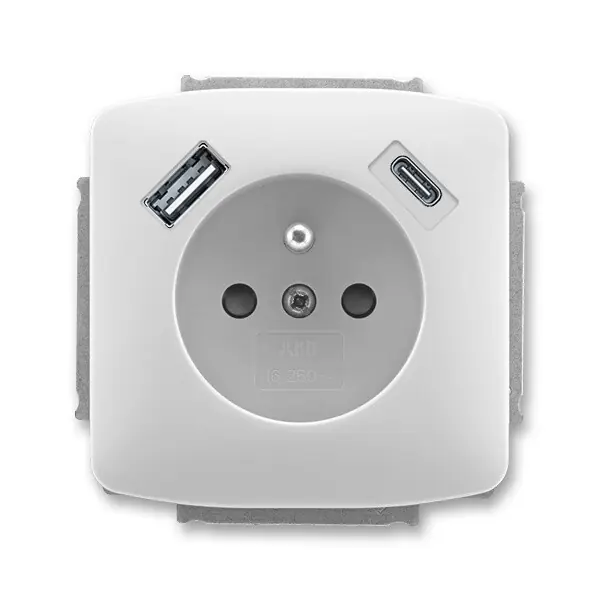 Luxusní ABB 5569A-A32357 S TANGO Zásuvka 1násobná s kolíkem, s clonkami, s nabíjením USB-A, USB-C; šedá