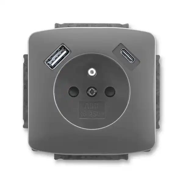 Luxusní ABB 5569A-A32357 S2 TANGO Zásuvka 1násobná s kolíkem, s clonkami, s nabíjením USB-A, USB-C; kouřová šedá