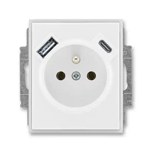 Časově Omezené ABB 5569E-A32357 01 ELEMENT Zásuvka 1násobná s kolíkem, s clonkami, s nabíjením USB-A, USB-C; bílá/ledová bílá