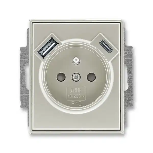 Časově Omezené ABB 5569E-A32357 32 TIME Zásuvka 1násobná s kolíkem, s clonkami, s nabíjením USB-A, USB-C; starostříbrná