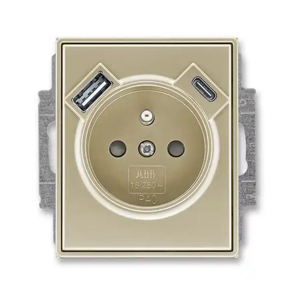 ABB 5569E-A32357 33 TIME Zásuvka 1násobná s kolíkem, s clonkami, s nabíjením USB-A, USB-C; šampaňská Akční Cena