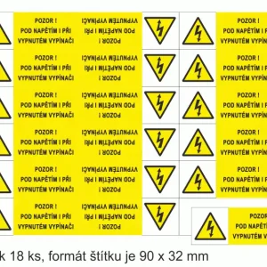 Víkendová Akce STRO.M 0122a-01-07 Pozor pod napětím i při vypnutém vypínači! ( aršík 18ks ) 9 x 3,2cm (samolepka)
