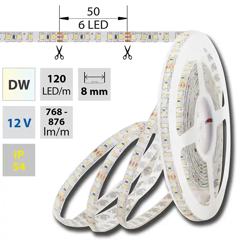 Cenový Hit McLED ML-122.640.60.0 LED pásek WW-CW, 120LED/m, 9,6W/m, 676lm/m, IP54, DC 12V, 8mm, 5m