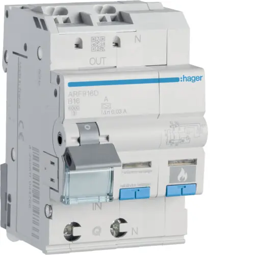 HAGER ARF916D Oblouková ochrana s kombi. chráničem 1+N, 30mA, typ A, 16A, char.B, 6 kA, QC bezšroubová Výhodná Nabídka